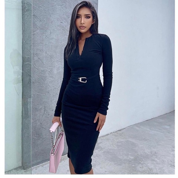 Light weight ribbed-cotton blend belted midi dress - Picture 3 of 3